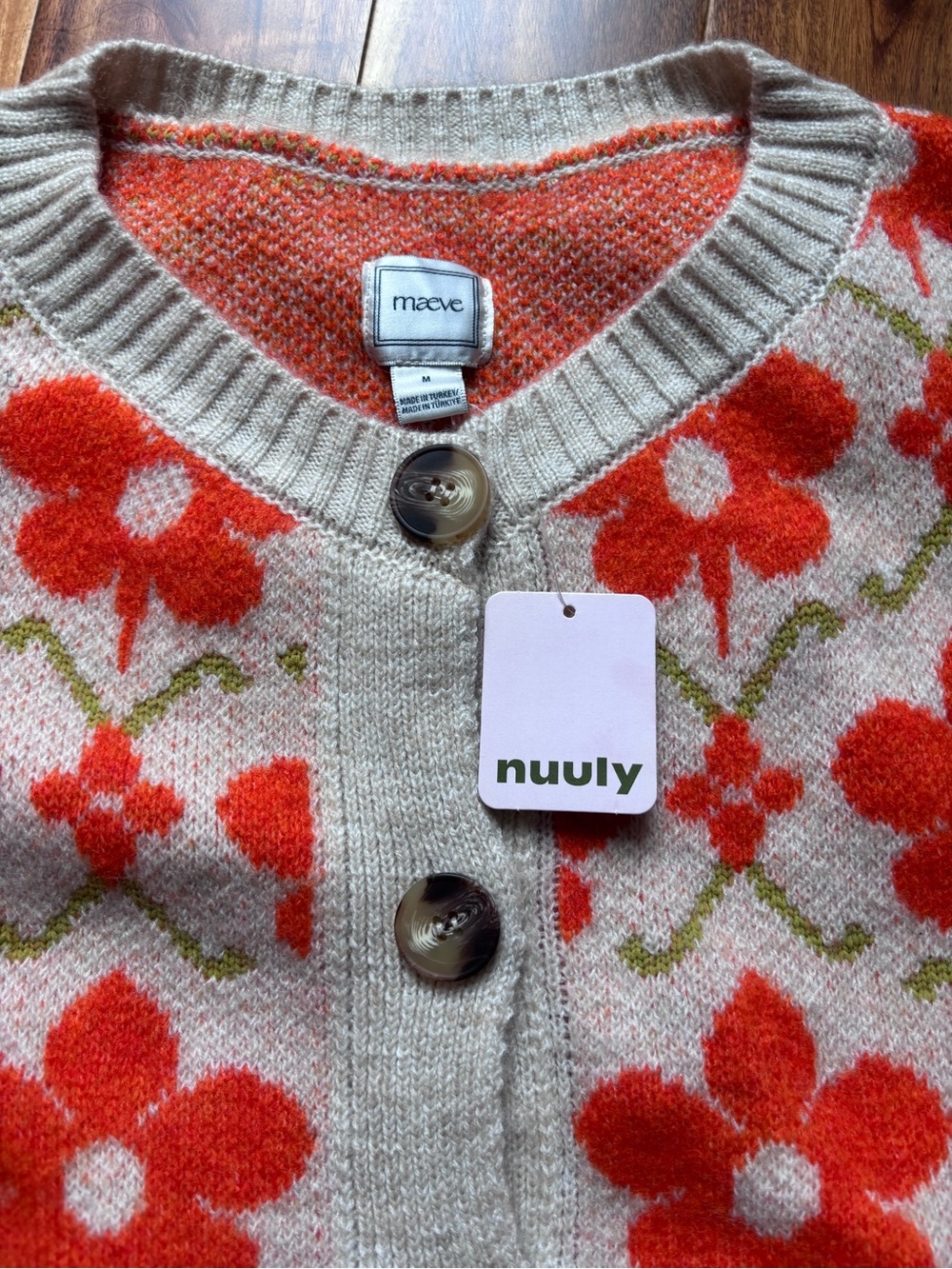 Maeve Cream Cardigan with Bright Orange Floral Knit - Picture 2 of 4
